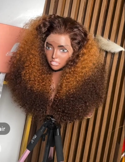 Highlighted frontal human hair kinky curly wig.