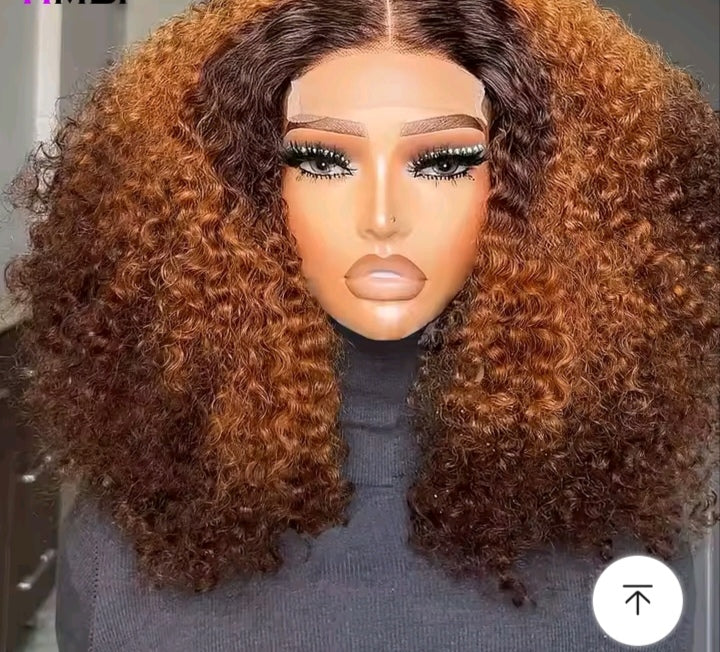 Highlighted frontal human hair kinky curly wig.