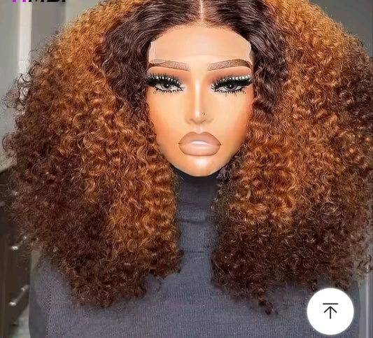 Highlighted frontal human hair kinky curly wig.