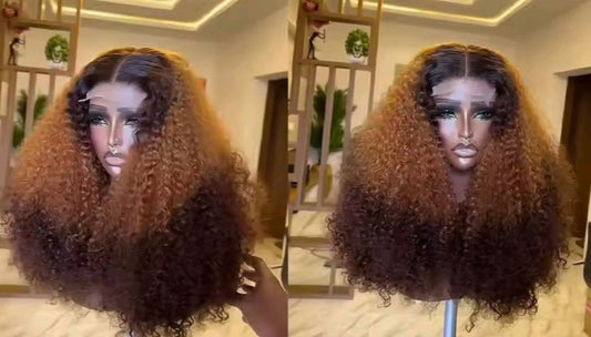 Highlighted frontal human hair kinky curly wig.