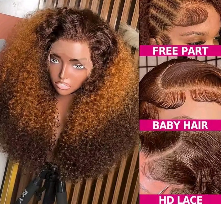 Highlighted frontal human hair kinky curly wig.